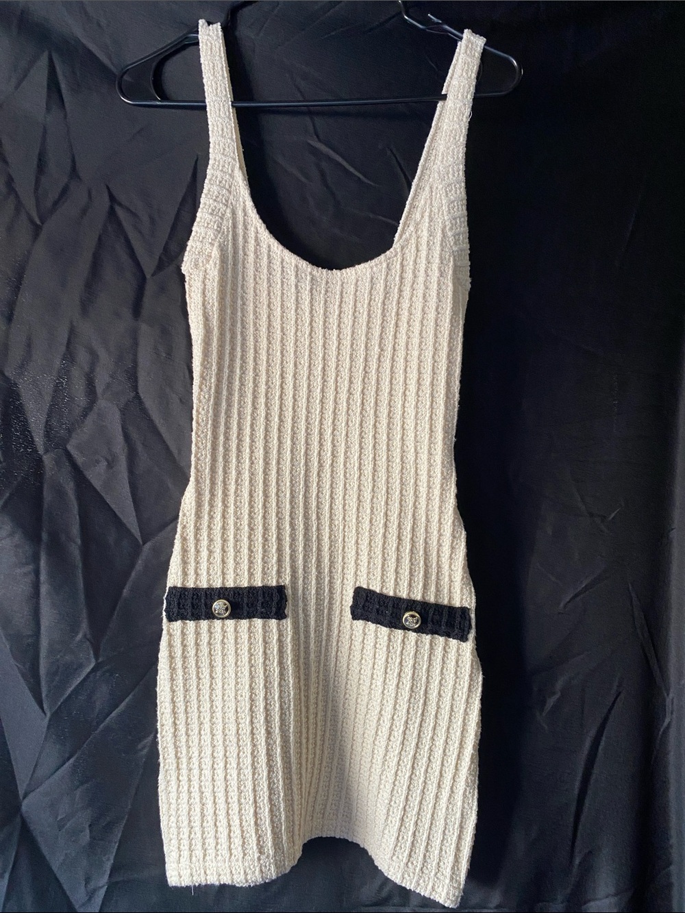 Zara Cream Knit Mini Dress with Black Pocket Trim